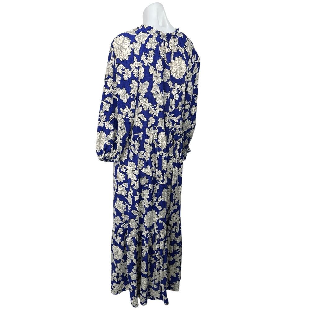 Zara Blue White Floral Plunge V-Neck 3/4 Balloon Sleeve Midi Maxi A-line Dress M - Picture 8 of 11